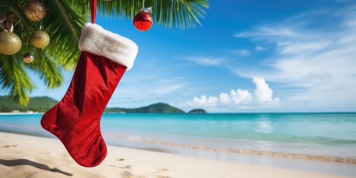 Christmas stocking hanging on coconut palm tree at tropical exotic beach. New Year celebration card, nobody. AI Generated