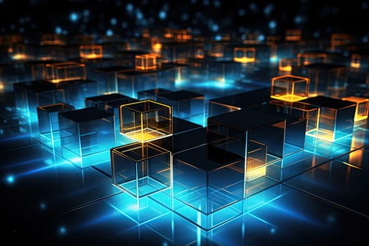 an abstract image of a glowing cubes and squares on a black background with a blue and yellow glow coming out of the center of the cubes..