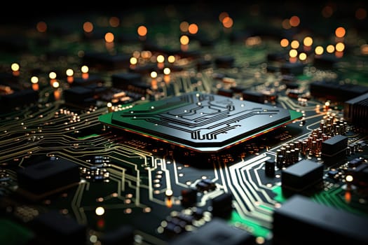 Computer technology image with circuit board background, ideal for various topics related to computers and AI by generated AI.