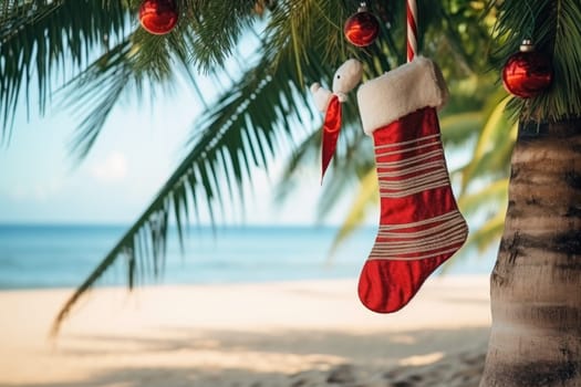 Christmas stocking hanging on coconut palm tree at tropical exotic beach. New Year celebration card, nobody. AI Generated