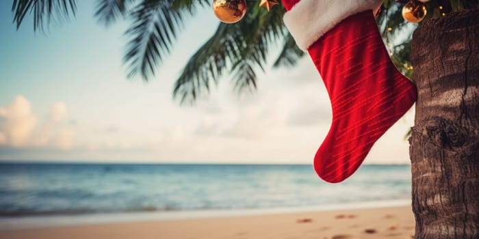 Christmas stocking hanging on coconut palm tree at tropical exotic beach. New Year celebration card, nobody. AI Generated