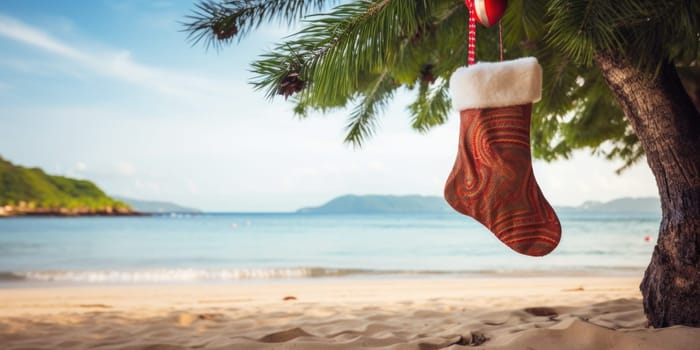 Christmas stocking hanging on coconut palm tree at tropical exotic beach. New Year celebration card, nobody. AI Generated