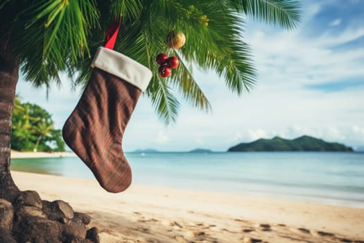 Christmas stocking hanging on coconut palm tree at tropical exotic beach. New Year celebration card, nobody. AI Generated