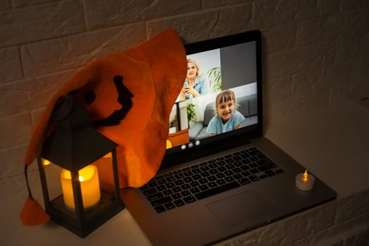 Halloween online virtual holiday remote celebration halloween in lockdown home quarantine covid 19 new normal, social distance, remote communication, stay home vocation halloween