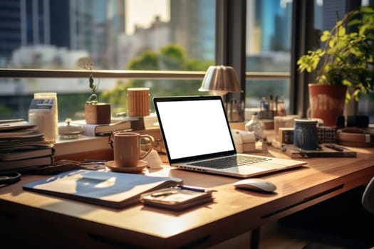 Workspace with laptop computer and supply on table with cityscape without mirror. High quality photo