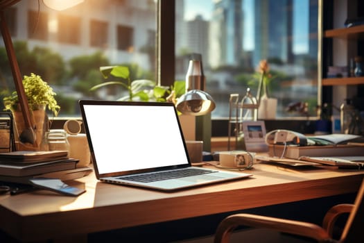 Workspace with laptop computer and supply on table with cityscape without mirror. High quality photo