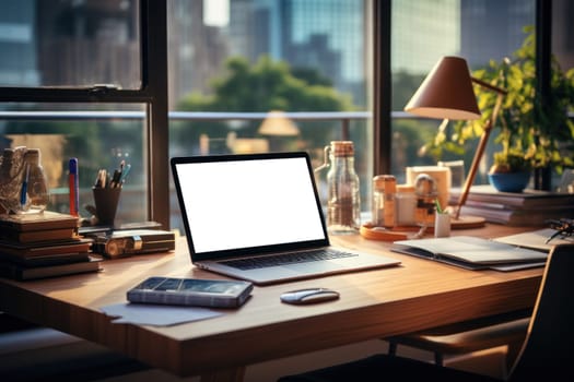 Workspace with laptop computer and supply on table with cityscape without mirror. High quality photo