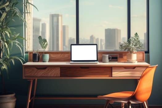 Workspace with laptop computer and supply on table with cityscape without mirror. High quality photo