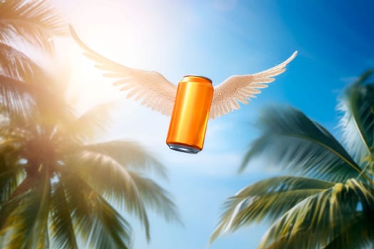 golden can of energy drink, no label with wings in the blue sky. light summer drink mockup