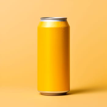 Yellow aluminum cans isolated on yellow background. Mockup for soda water, soft drinks concept, beer