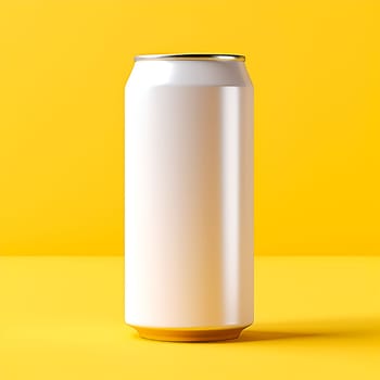 white aluminum cans isolated on yellow background. Mockup for soda water, soft drinks concept, beer