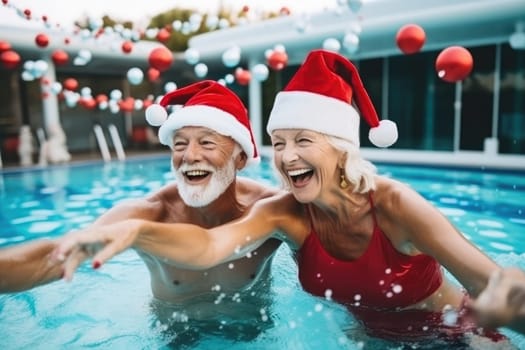 Celebrating christmas and new year in hot countries. portrait of a happy couple in santa hat celebrating christmas in pool party. AI Generated