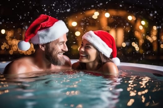 Celebrating christmas and new year in hot countries. portrait of a happy couple in santa hat celebrating christmas in pool party. AI Generated
