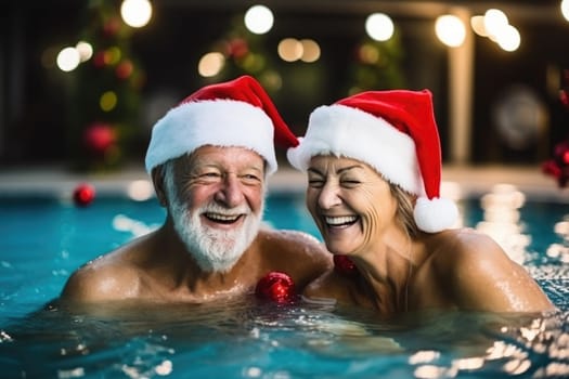 Celebrating christmas and new year in hot countries. portrait of a happy couple in santa hat celebrating christmas in pool party. AI Generated