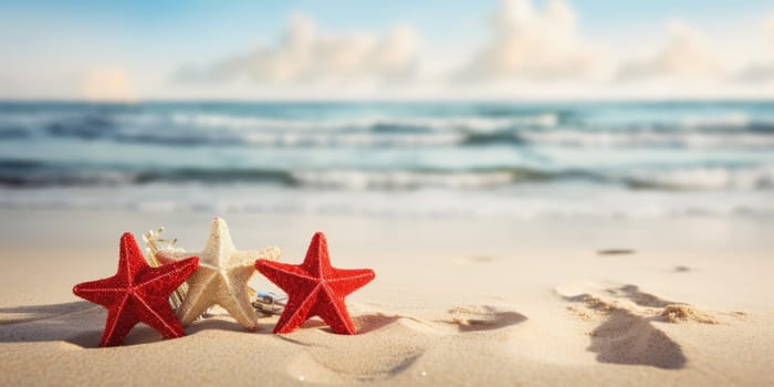 Red fir tree decoration star on sandy beach, Tropical christmas and New Year celebration. AI Generated