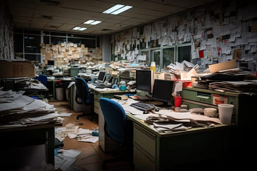 Picture of a dim workplace Filled with many documents Office after employees get off work by Generated AI.