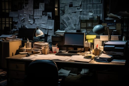 Picture of a dim workplace Filled with many documents Office after employees get off work by Generated AI.