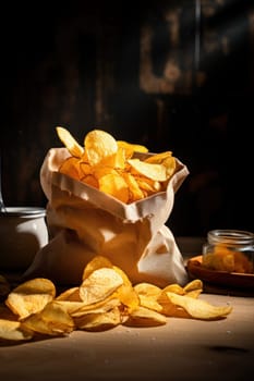 Crispy fried potato chips, delicious and appetizing fast food dish. Generative AI