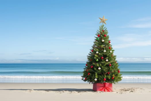 Celebrating christmas and new year in hot countries. Christmas tree with lights on the beach. AI Generated