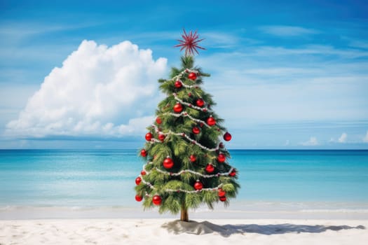 Celebrating christmas and new year in hot countries. Christmas tree with lights on the beach. AI Generated