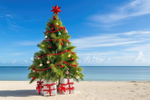 Celebrating christmas and new year in hot countries. Christmas tree with lights on the beach. AI Generated