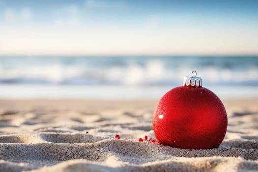 Red fir tree decoration ball on sandy beach, Tropical christmas and New Year celebration. AI Generated