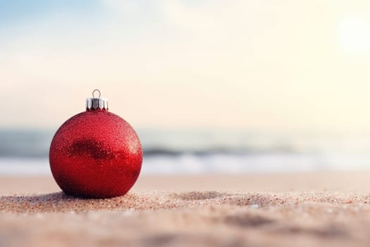 Red fir tree decoration ball on sandy beach, Tropical christmas and New Year celebration. AI Generated