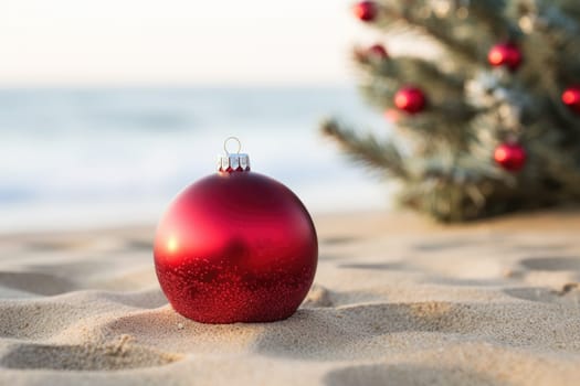 Red fir tree decoration ball on sandy beach, Tropical christmas and New Year celebration. AI Generated