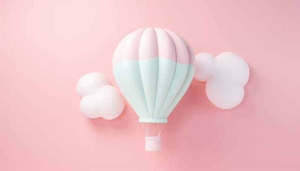 Cute pastel hot air balloon flying in the air. Design illustration of scene with hot air balloons float up in the sky on 3D paper art style. Hot air balloon float up in the sky. pastel paper cut and craft style., illustration. Pink,purple and blue color Copy space Space for text