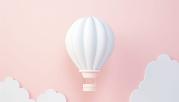 Cute pastel hot air balloon flying in the air. Design illustration of scene with hot air balloons float up in the sky on 3D paper art style. Hot air balloon float up in the sky. pastel paper cut and craft style., illustration. Pink,purple and blue color Copy space Space for text