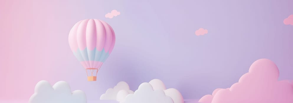 Banner Cute pastel hot air balloon flying in the air. Design illustration of scene with hot air balloons float up in the sky on 3D paper art style. Hot air balloon float up in the sky. pastel paper cut and craft style. illustration. Pink,purple and blue color Copy space Space for text web banner