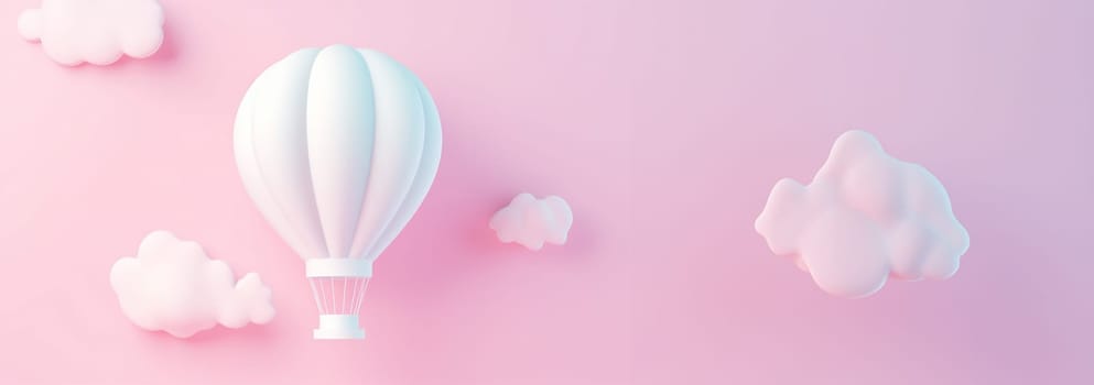 Banner Cute pastel hot air balloon flying in the air. Design illustration of scene with hot air balloons float up in the sky on 3D paper art style. Hot air balloon float up in the sky. pastel paper cut and craft style. illustration. Pink,purple and blue color Copy space Space for text web banner