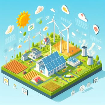 info graphic isometric depicting a set of clean energyy generation icons and situation for better future ai art