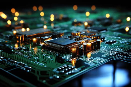 Computer technology image with circuit board background, ideal for various topics related to computers and AI by generated AI.