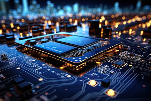 Computer technology image with circuit board background, ideal for various topics related to computers and AI by generated AI.