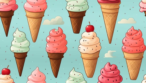 Ice cream cones pastel colored. Summer seamless pattern with hand drawn ice cream. Modern summer pastel blue texture for fabric, textile, wallpaper. Cute illustration colorful