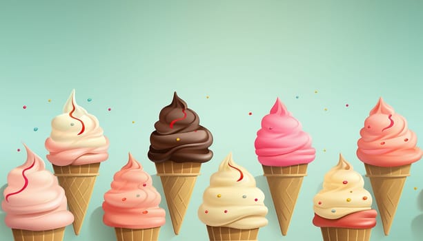 Ice cream cones pastel colored. Summer seamless pattern with hand drawn ice cream. Modern summer pastel blue texture for fabric, textile, wallpaper. Cute illustration colorful