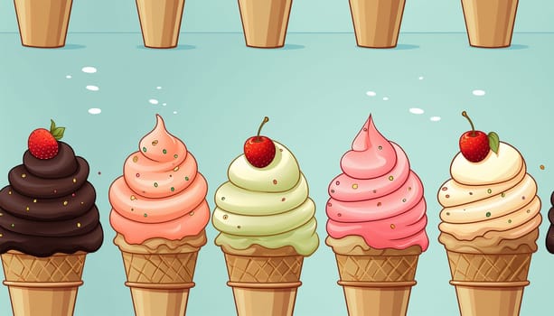 Ice cream cones pastel colored. Summer seamless pattern with hand drawn ice cream. Modern summer pastel blue texture for fabric, textile, wallpaper. Cute illustration colorful