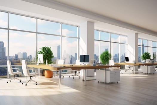 Bright and clean office environment abstract background Bright office with plants and large windows. by Generated AI.