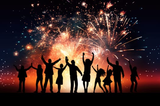 Ai generated image of unidentical people dancing with silhouette image with firework background..