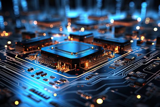 Computer technology image with circuit board background, ideal for various topics related to computers and AI by generated AI.