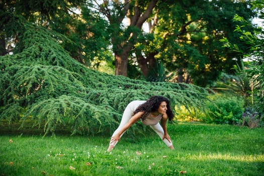 Young asian woman practicing yoga during workout in park