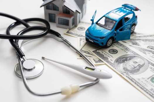 money, a toy car, a stethoscope.