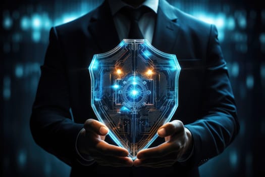 Cyber security safe data protection business technology privacy concept. Businessman holding shield protect security icon security on the virtual display.Information security system.