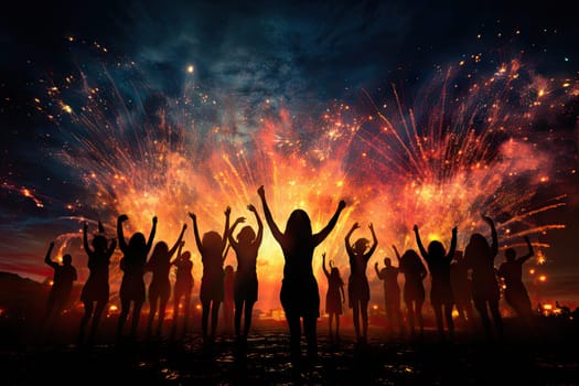 image of unidentical people dancing with silhouette image with firework background.by Generative AI..