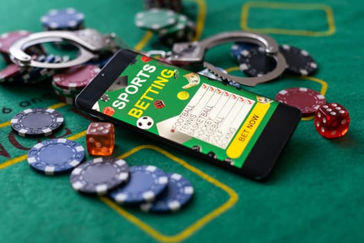 Cards cubes and chips Handcuffs close-up. Royal flush poker. Prohibited gambling concept, internet casino underground