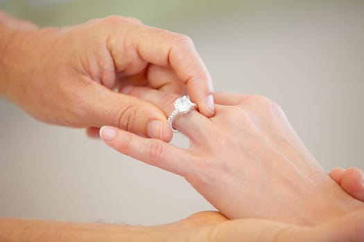 People, hands and wedding ring for marriage, love or commitment together in promise at ceremony. Closeup of married groom putting diamond jewelry or accessory on bride for engagement, romance or care.