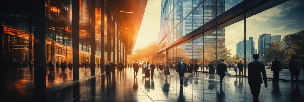 Crowd of blurred business people walking in a modern entrance by Generative AI.