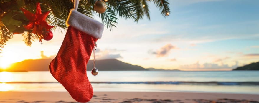 Christmas stocking hanging on coconut palm tree at tropical exotic beach. New Year celebration card, nobody. AI Generated