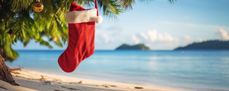Christmas stocking hanging on coconut palm tree at tropical exotic beach. New Year celebration card, nobody. AI Generated